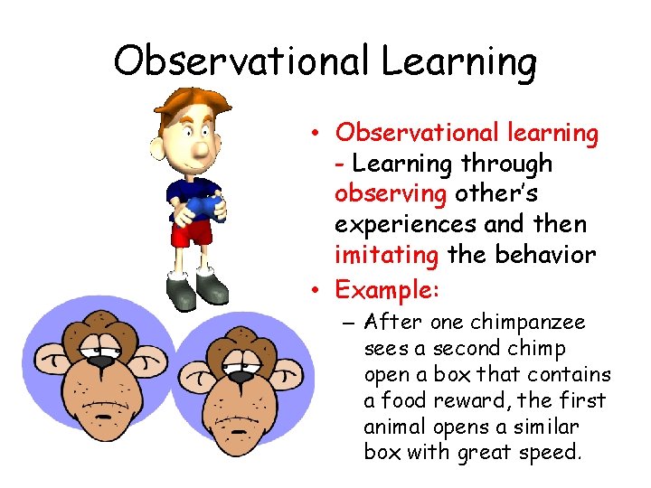 Observational Learning • Observational learning - Learning through observing other’s experiences and then imitating