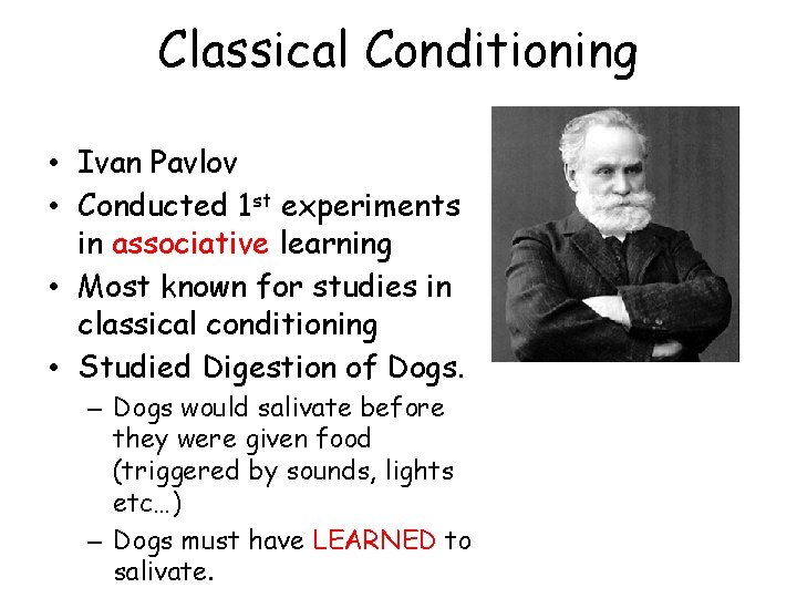 Classical Conditioning • Ivan Pavlov • Conducted 1 st experiments in associative learning •