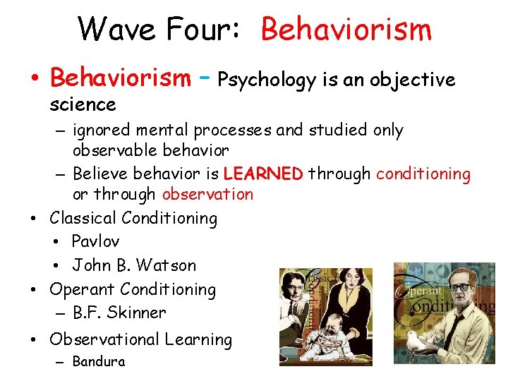 Wave Four: Behaviorism • Behaviorism – science Psychology is an objective – ignored mental