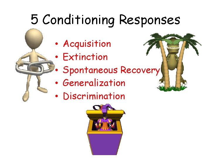 5 Conditioning Responses • • • Acquisition Extinction Spontaneous Recovery Generalization Discrimination 