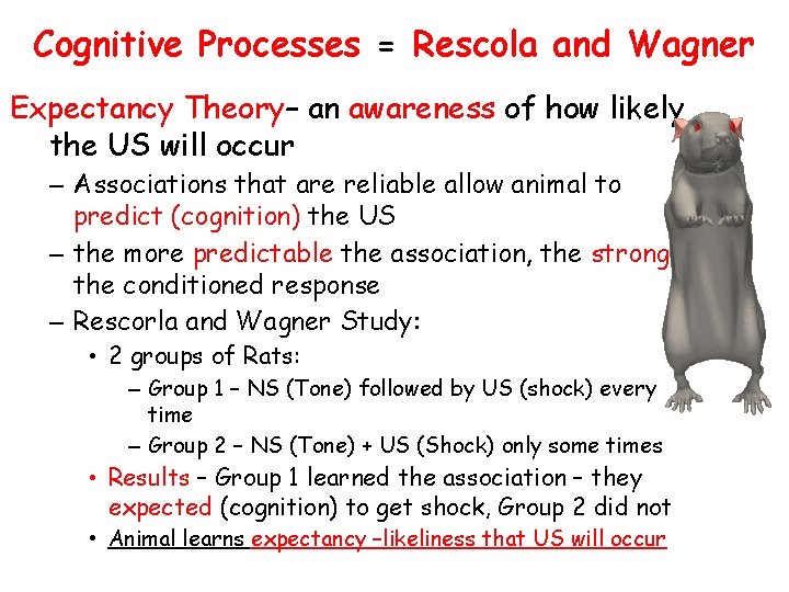 Cognitive Processes = Rescola and Wagner Expectancy Theory– an awareness of how likely the