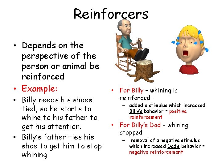 Reinforcers • Depends on the perspective of the person or animal be reinforced •