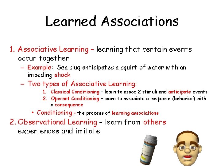 Learned Associations 1. Associative Learning – learning that certain events occur together – Example: