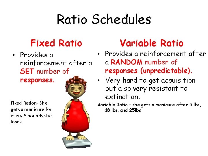 Ratio Schedules Fixed Ratio Variable Ratio • Provides a reinforcement after • Provides a