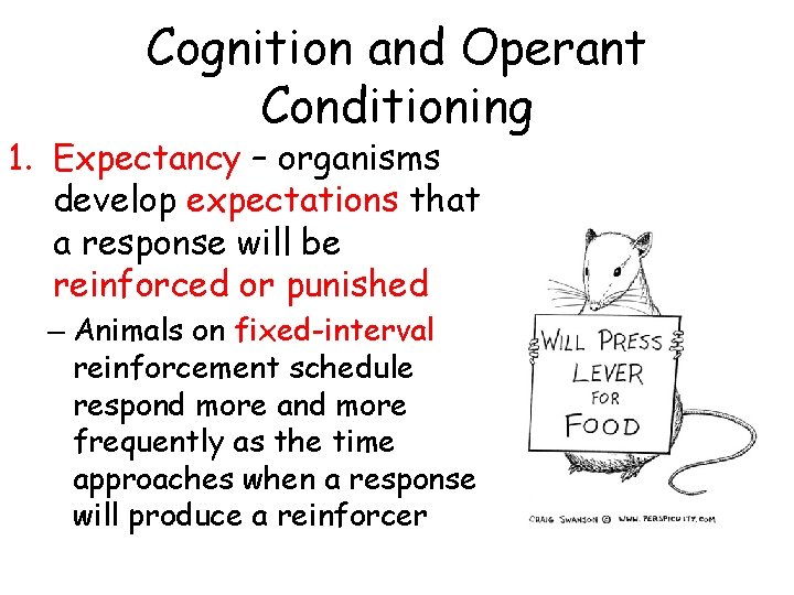 Cognition and Operant Conditioning 1. Expectancy – organisms develop expectations that a response will