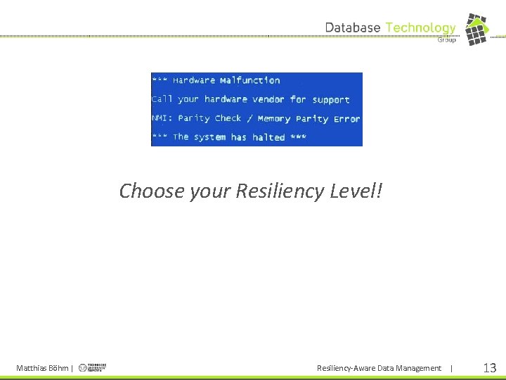 > Choose your Resiliency Level! Matthias Böhm | Resiliency-Aware Data Management | 13 