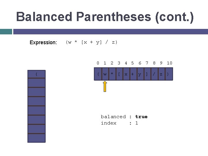 Balanced Parentheses (cont. ) Expression: ( (w * [x + y] / z) 0