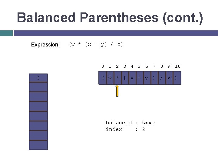 Balanced Parentheses (cont. ) Expression: ( (w * [x + y] / z) 0