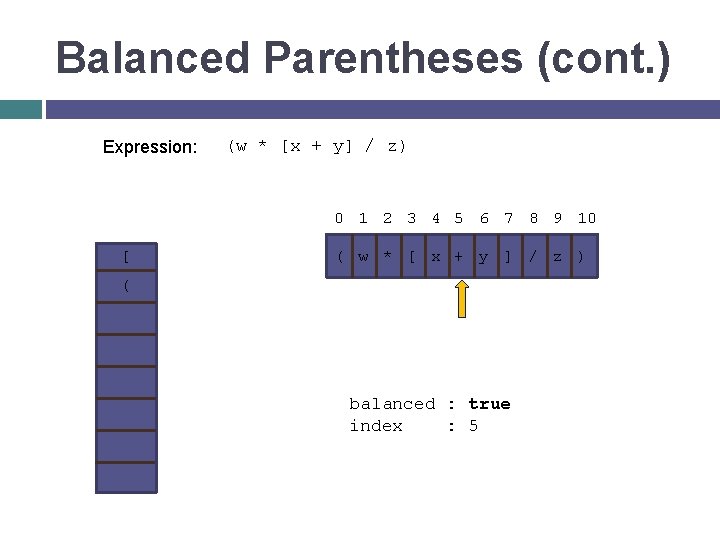 Balanced Parentheses (cont. ) Expression: [ (w * [x + y] / z) 0