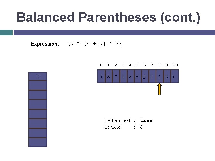 Balanced Parentheses (cont. ) Expression: ( (w * [x + y] / z) 0