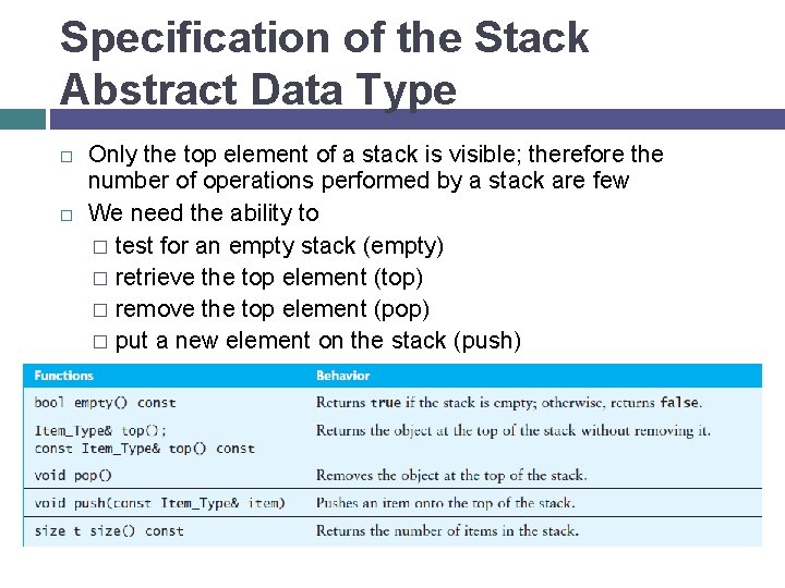 Specification of the Stack Abstract Data Type Only the top element of a stack