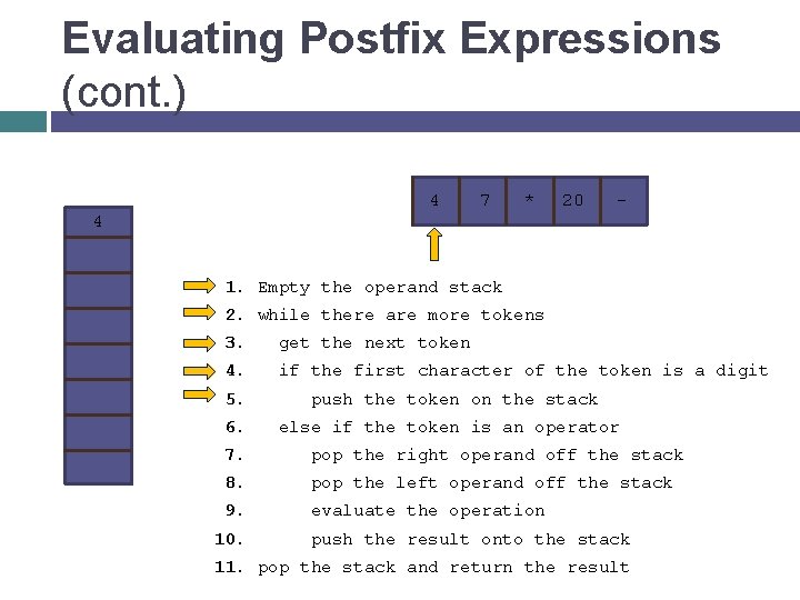 Evaluating Postfix Expressions (cont. ) 4 7 * 20 - 4 1. Empty the