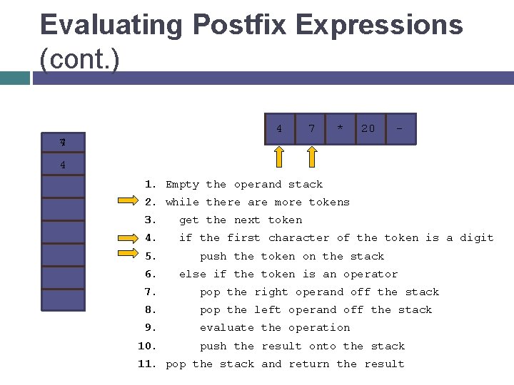 Evaluating Postfix Expressions (cont. ) 4 7 * 20 - 4 7 4 1.