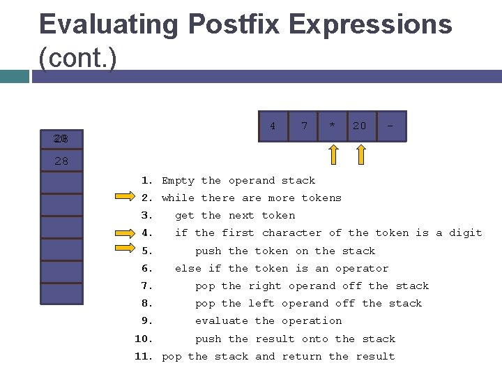 Evaluating Postfix Expressions (cont. ) 4 20 28 7 * 20 - 28 1.