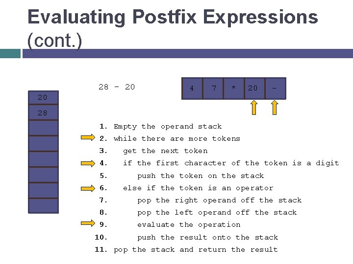 Evaluating Postfix Expressions (cont. ) 28 - 20 4 7 * 20 - 20
