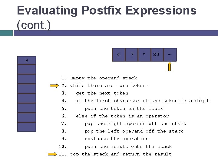 Evaluating Postfix Expressions (cont. ) 4 7 * 20 - 8 1. Empty the
