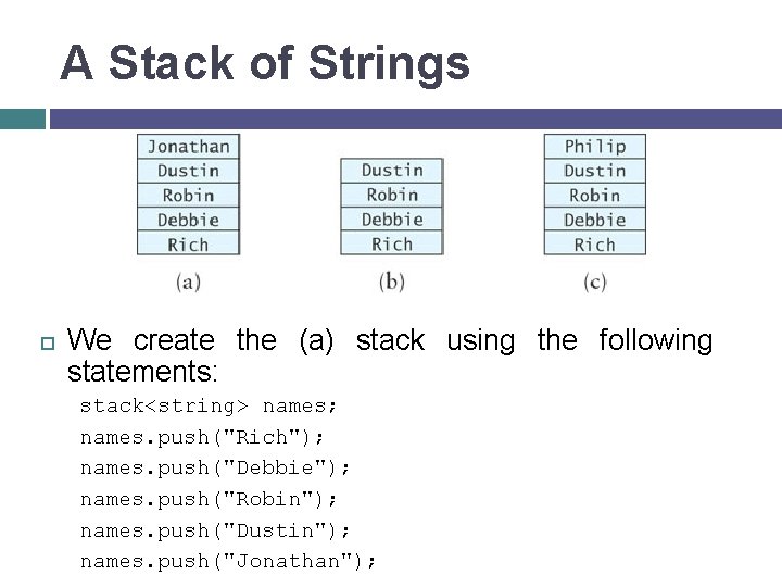 A Stack of Strings We create the (a) stack using the following statements: stack<string>