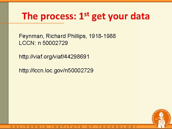 The process: 1 st get your data Feynman, Richard Phillips, 1918 -1988 LCCN: n