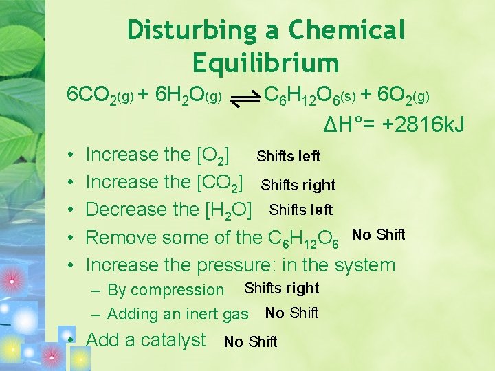 Disturbing a Chemical Equilibrium 6 CO 2(g) + 6 H 2 O(g) C 6