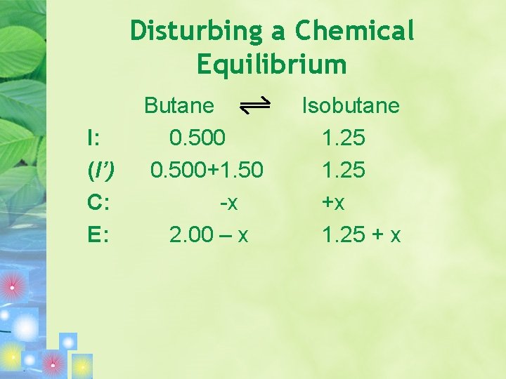 Disturbing a Chemical Equilibrium I: (I’) C: E: Butane 0. 500+1. 50 -x 2.