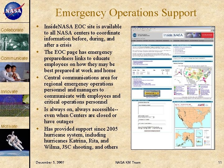 KM Collaborate Communicate Innovate Motivate Emergency Operations Support w Inside. NASA EOC site is