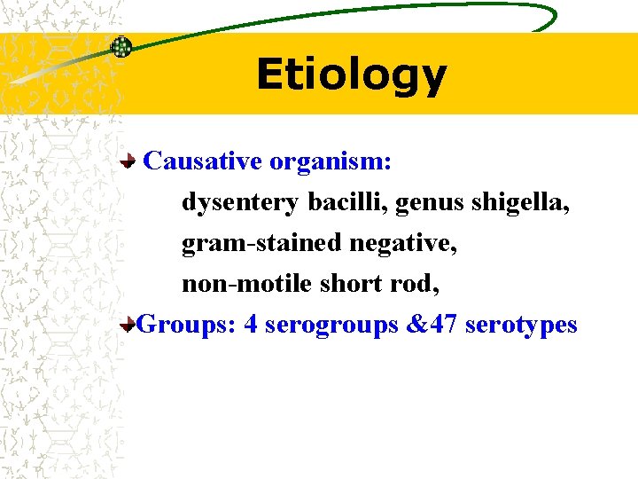 Etiology Causative organism: dysentery bacilli, genus shigella, gram-stained negative, non-motile short rod, Groups: 4