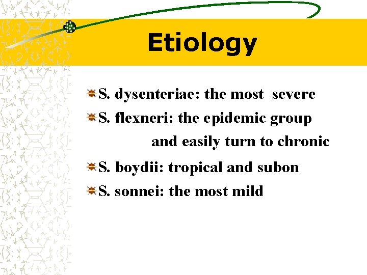 Etiology S. dysenteriae: the most severe S. flexneri: the epidemic group and easily turn