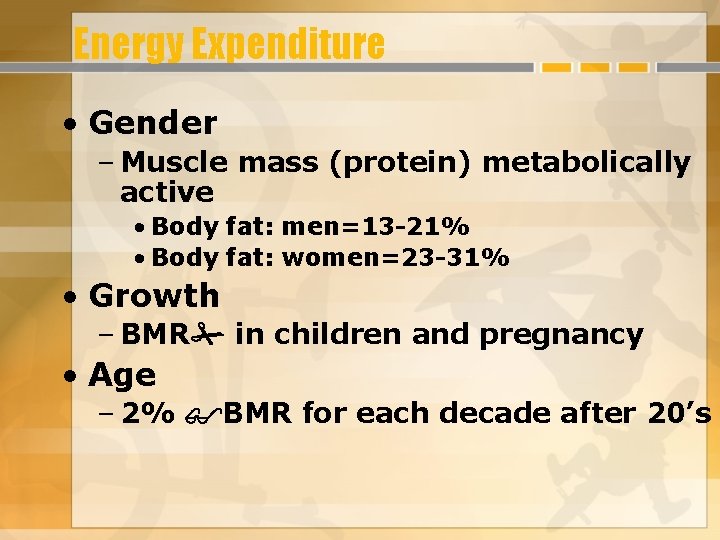 Energy Expenditure • Gender – Muscle mass (protein) metabolically active • Body fat: men=13