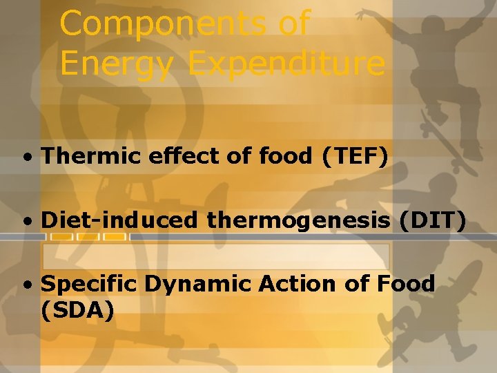 Components of Energy Expenditure • Thermic effect of food (TEF) • Diet-induced thermogenesis (DIT)