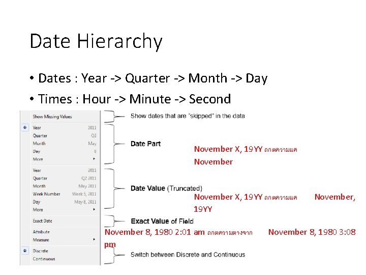 Date Hierarchy • Dates : Year -> Quarter -> Month -> Day • Times