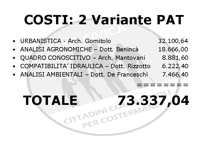 COSTI: 2 Variante PAT • • • URBANISTICA - Arch. Gomitolo ANALISI AGRONOMICHE –