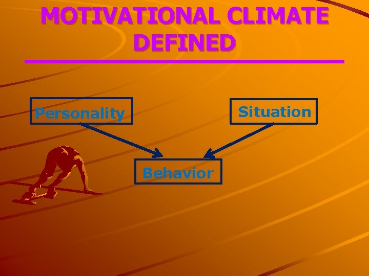 MOTIVATIONAL CLIMATE DEFINED Situation Personality Behavior 
