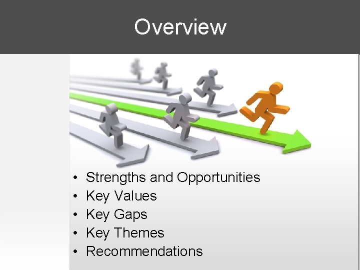 Overview • • • Strengths and Opportunities Key Values Key Gaps Key Themes Recommendations