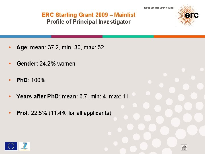 European Research Council ERC Starting Grant 2009 – Mainlist Profile of Principal Investigator •