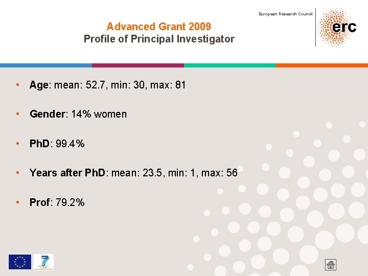 European Research Council Advanced Grant 2009 Profile of Principal Investigator • Age: mean: 52.