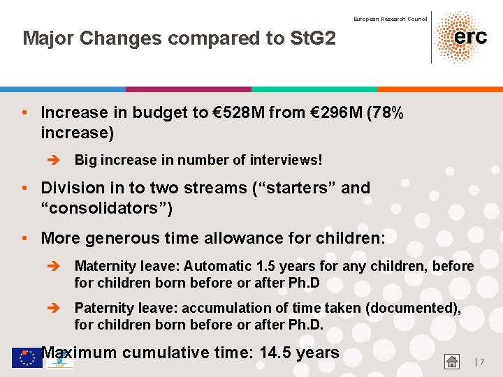 European Research Council Major Changes compared to St. G 2 • Increase in budget