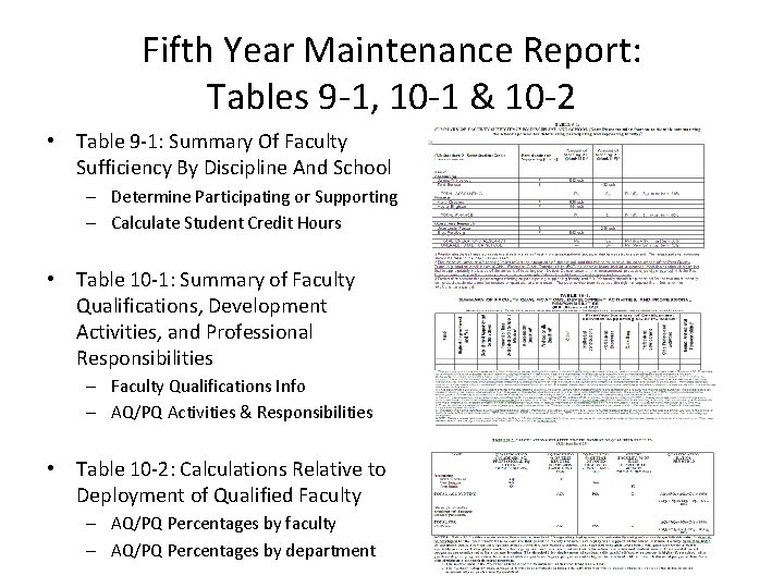 Fifth Year Maintenance Report: Tables 9 -1, 10 -1 & 10 -2 • Table