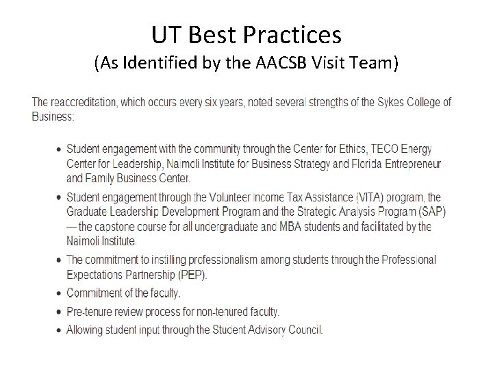 UT Best Practices (As Identified by the AACSB Visit Team) 