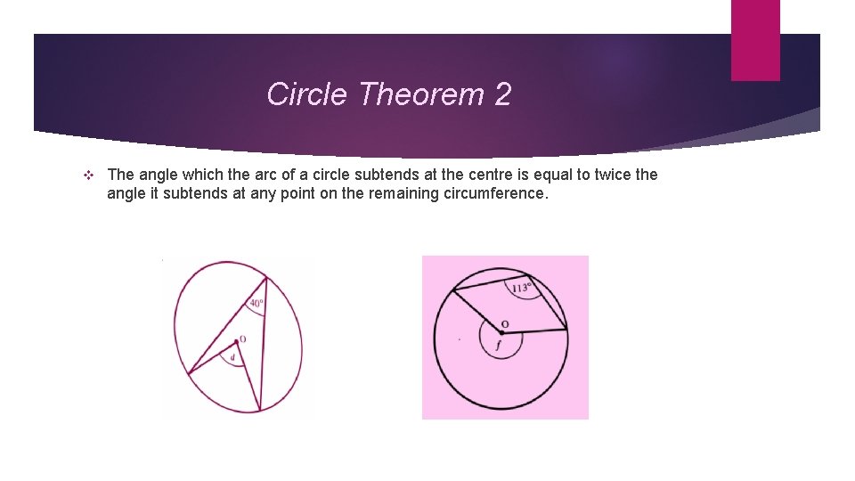 Circle Theorem 2 v The angle which the arc of a circle subtends at