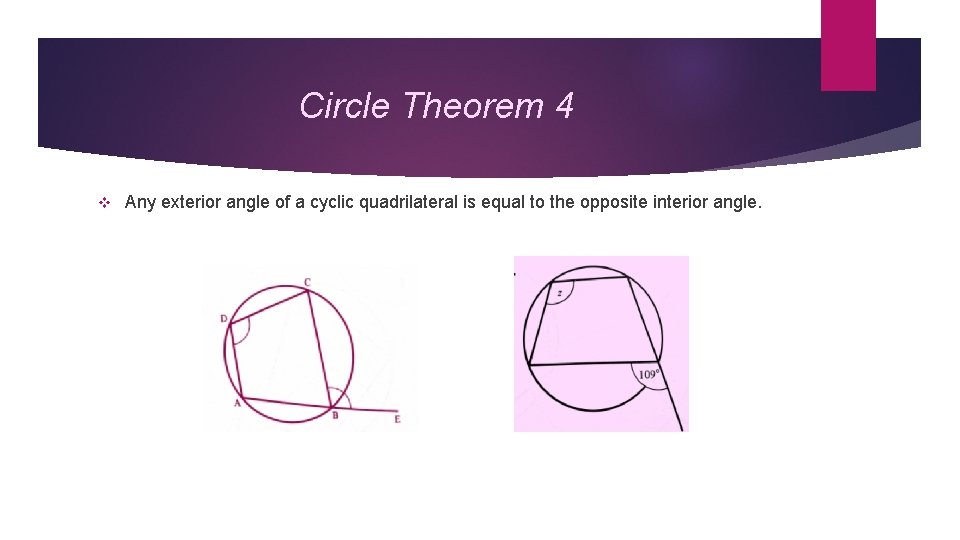 Circle Theorem 4 v Any exterior angle of a cyclic quadrilateral is equal to