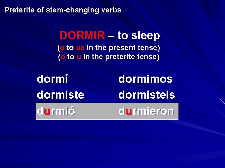 Preterite of stem-changing verbs DORMIR – to sleep (o to ue in the present