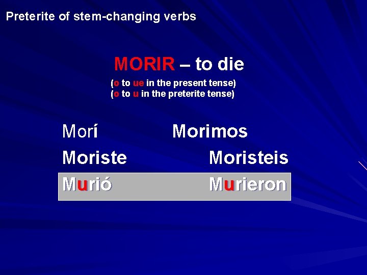 Preterite of stem-changing verbs MORIR – to die (o to ue in the present
