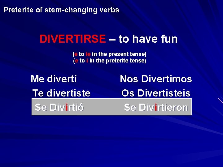 Preterite of stem-changing verbs DIVERTIRSE – to have fun (e to ie in the