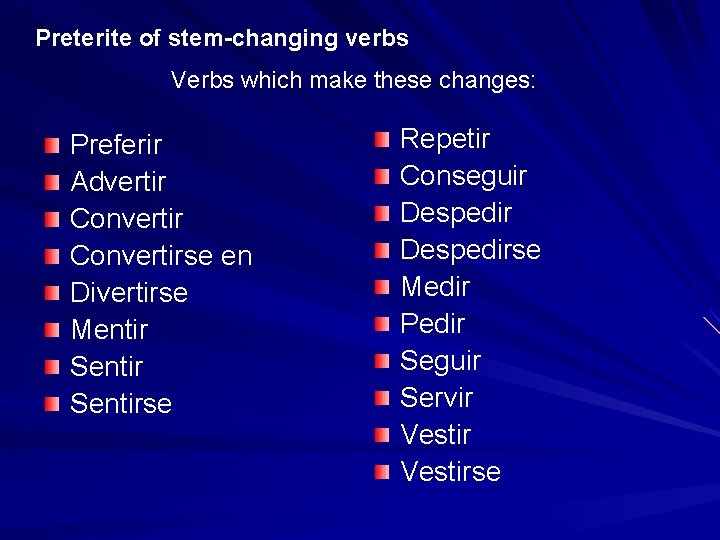 Preterite of stem-changing verbs Verbs which make these changes: Preferir Advertir Convertirse en Divertirse