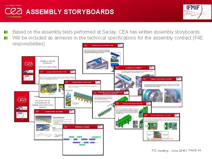 ASSEMBLY STORYBOARDS Based on the assembly tests performed at Saclay, CEA has written assembly