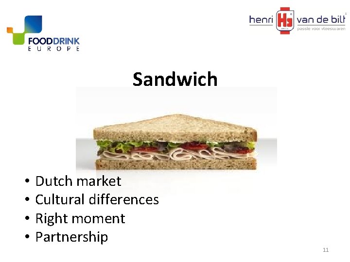 Sandwich • • Dutch market Cultural differences Right moment Partnership 11 