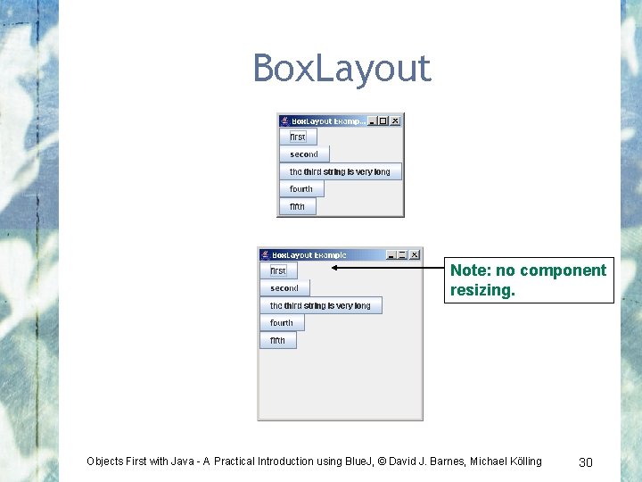 Box. Layout Note: no component resizing. Objects First with Java - A Practical Introduction
