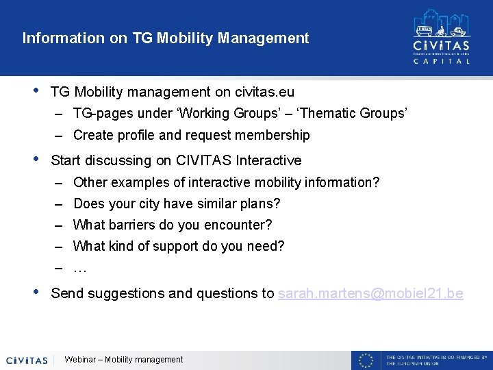 Information on TG Mobility Management • TG Mobility management on civitas. eu – TG-pages