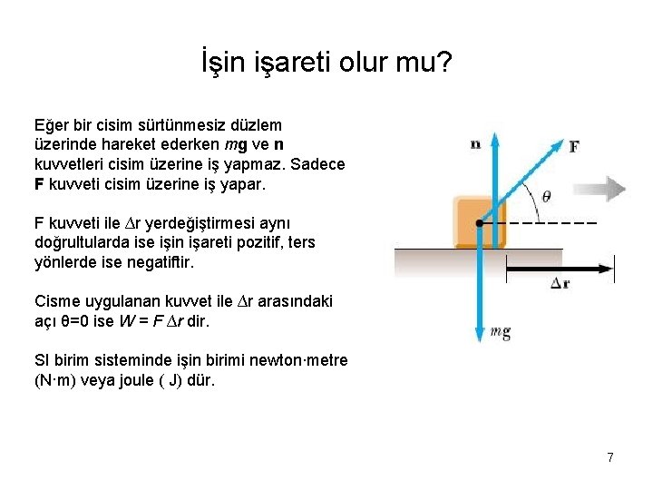 İşin işareti olur mu? Eğer bir cisim sürtünmesiz düzlem üzerinde hareket ederken mg ve