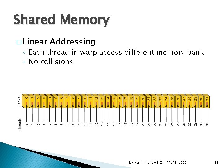 Shared Memory � Linear Addressing ◦ Each thread in warp access different memory bank